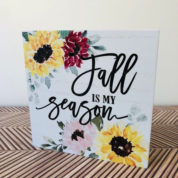 Fall Harvest White Floral Faux Wood Block Decor "Fall Is My Season" - Picture 1 of 6